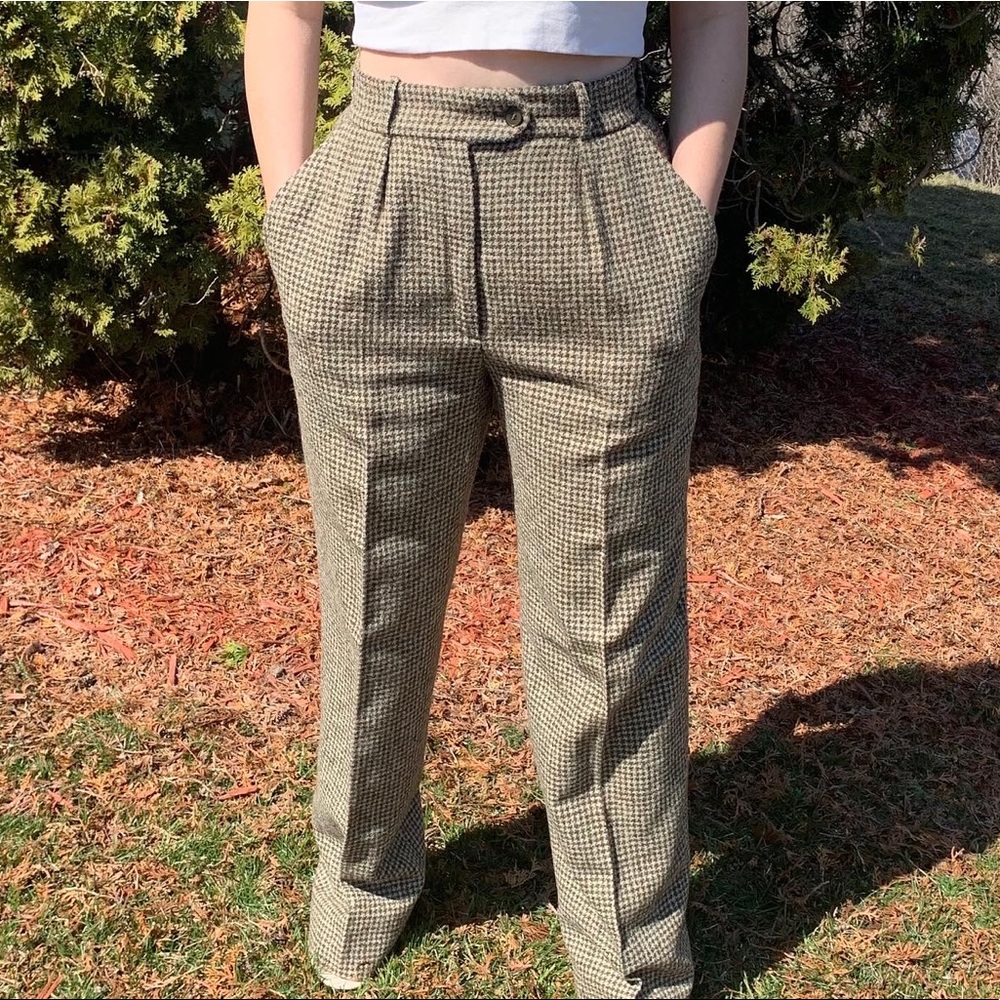 Vintage Valentino Green Houndstooth Wool Pants